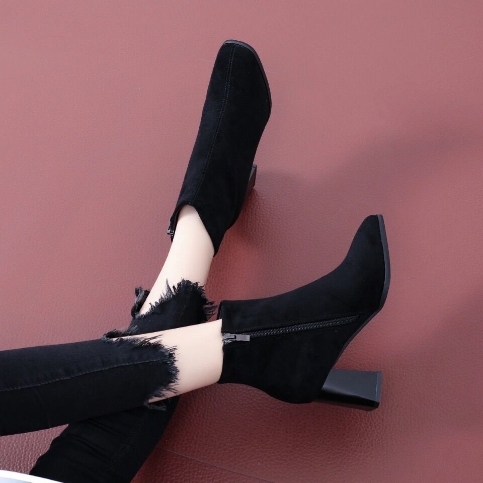 Fashion Heeled Ankle Boots for Women Autumn Winter Fleece-Lined Booties Trend 2025 Black Woman Short Shoes on Offer Large Size Warm Boot