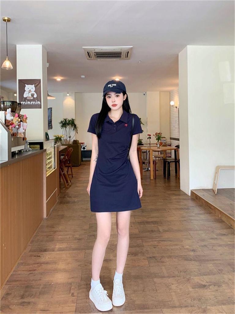 Women's Embroidered Polo Collar Short-Sleeved T-Shirt Dress - Waist-Cinching Slim Summer Long Skirt, Academy Style.