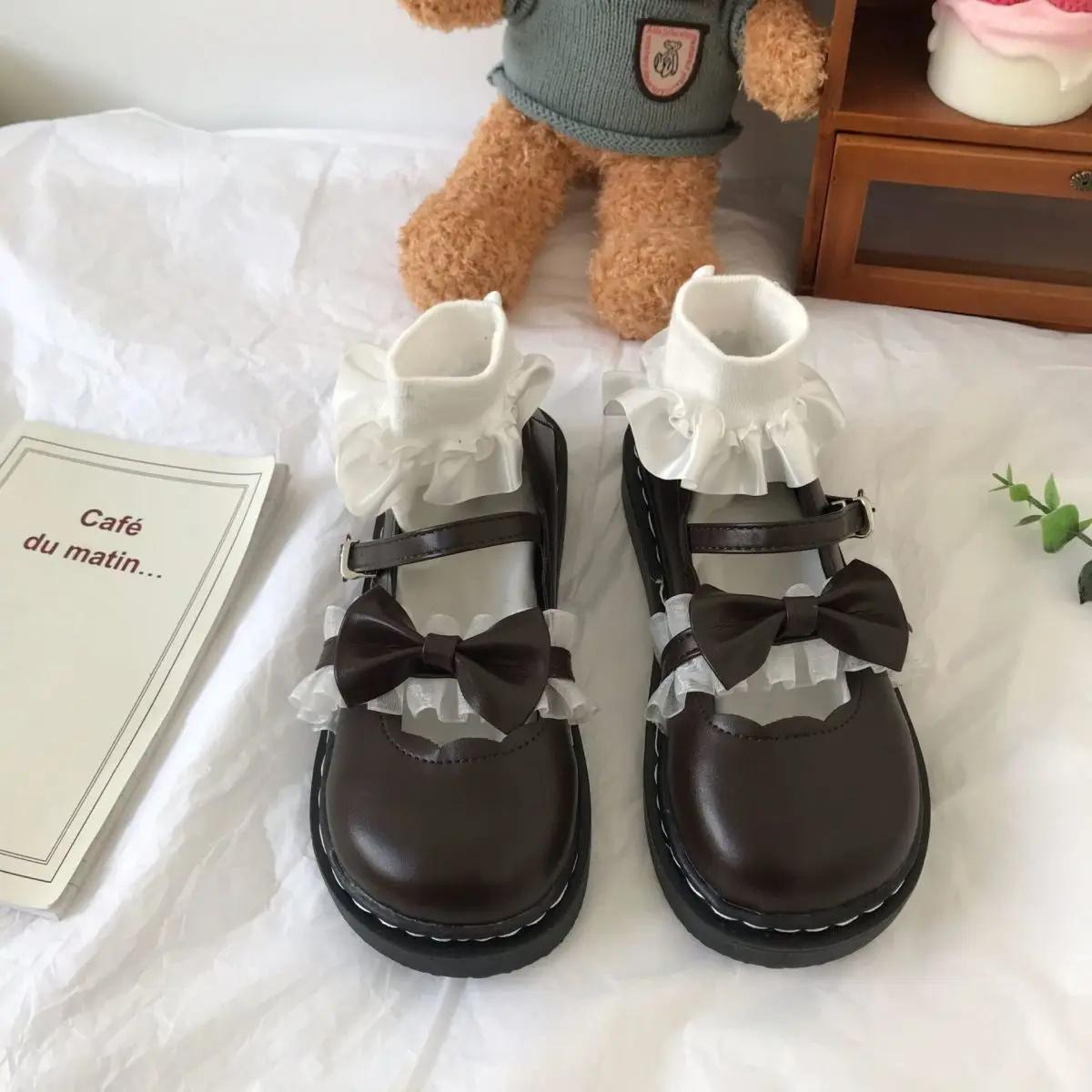 

Модные женские туфли-лодочки в японском стиле Лолита Готика Туфли с круглым носком для женщин с бантом Средний каблук Кавайные Милые Мэри Джейн на Акции 39