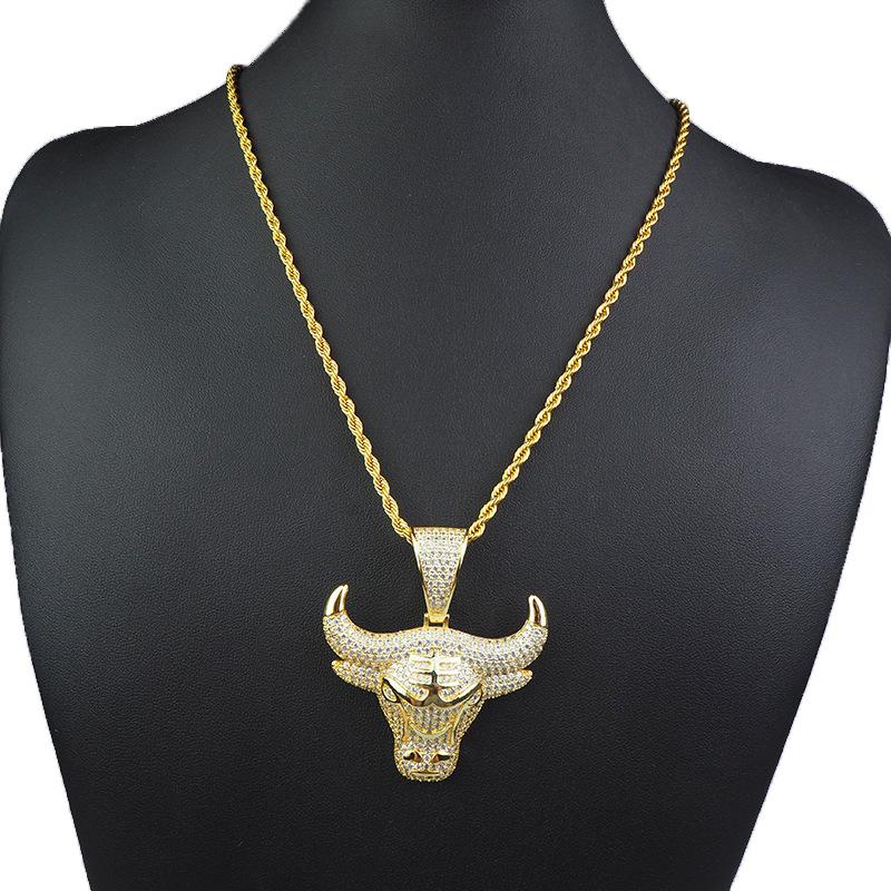 Men New Fashion Hip Hop Bling Gold Silver Iced Diamond Bull Head Choker Necklace Pendant for Gift Bull Head&16inches rope chain золотой