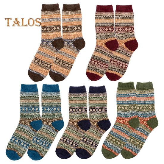 

1/5 пары мужских зимних носков средней длины с теплоизоляцией в этническом стиле для дома и спальни, носки-тапочки с цветными блоками, противоскользящие, трикотажные, повседневные, спортивные разноцветный