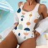 Women Plus Size White Printed Scoop Neck Wide Straps High Cut One Piece Swimsuit