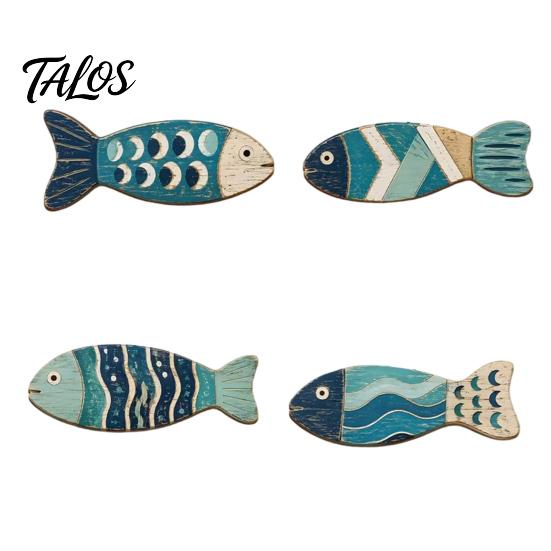 Wall Hanging Decor for Beach House 4Pcs Wooden Fish Decor, 2D Flat Mediterranean Style Ornaments Coastal Nautical Theme Room Accessories Home Bedroom