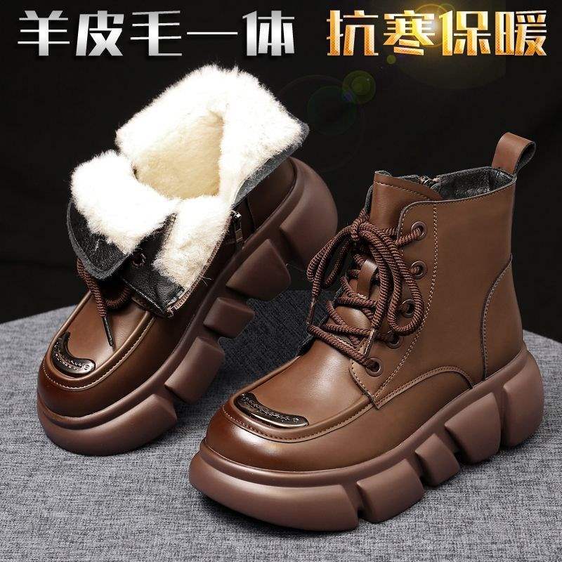 Fur integrated snow boots women's winter real soft leather cotton boots women's thick-soled Martin boots women's short boots thickened warm cotton 