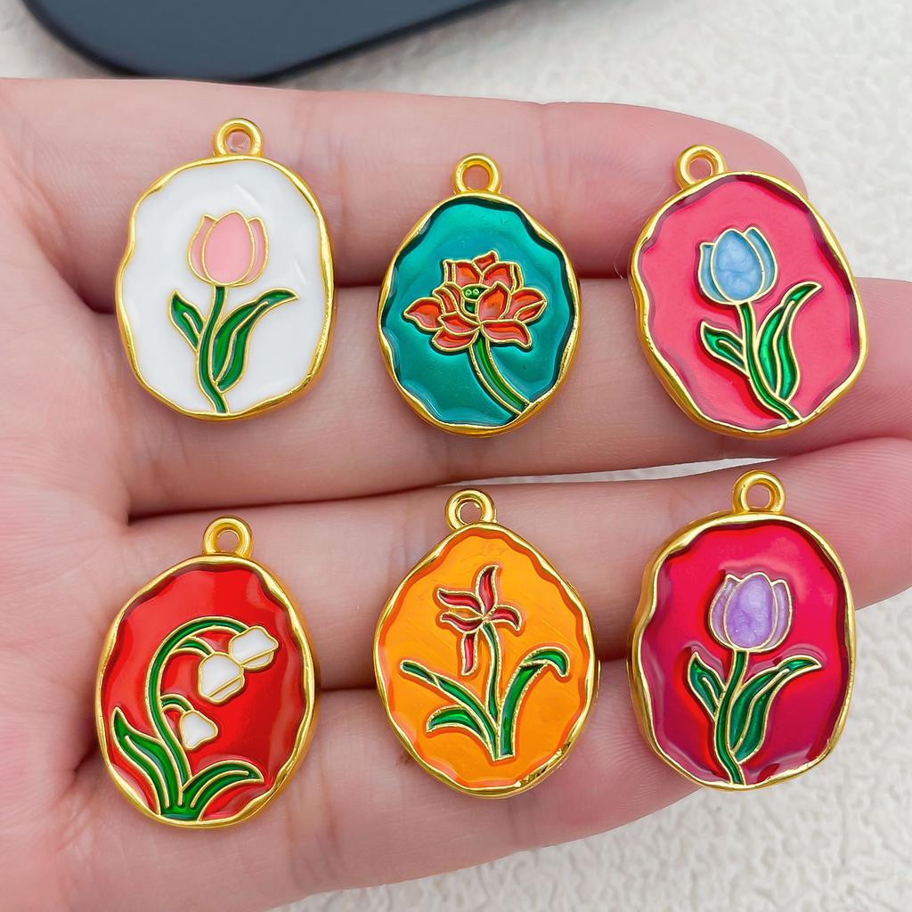 Ancient Gold Enamel Oil Drop Pendant Tulip Rose Lily Diy Bracelet Necklace Jewelry Accessories