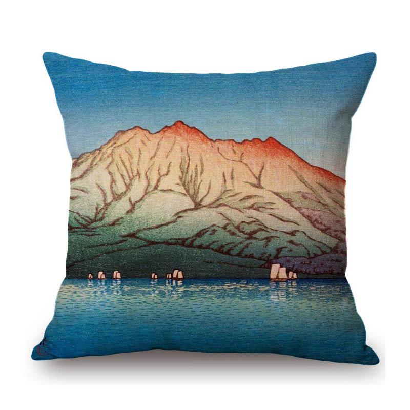 Kawase Hasui-Japanese Woodblock Pillow Case Ukiyo Mount Fuji Temple Beautiful Scenic Art Home Decorative Sofa Car Cushion Cover