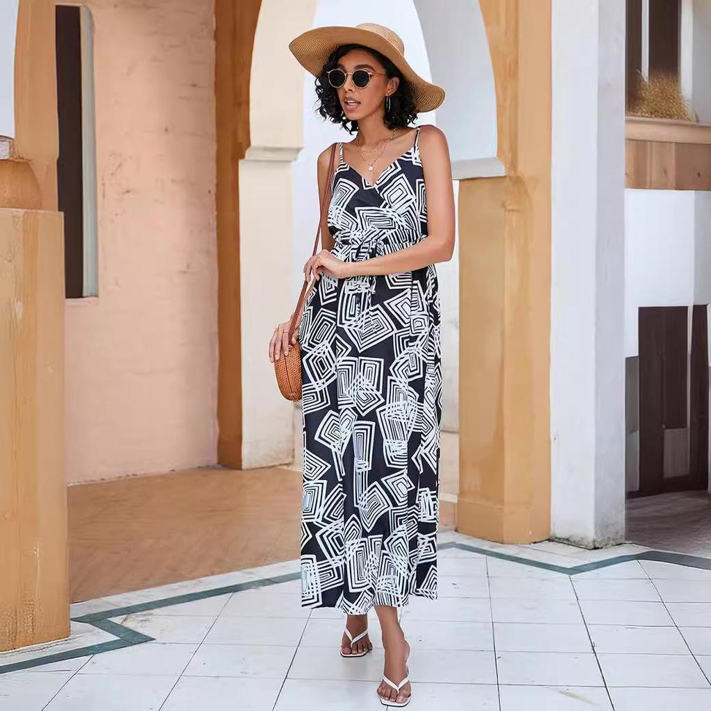European and American Print Waist-Cinching Summer Midi Sling Dress for Women