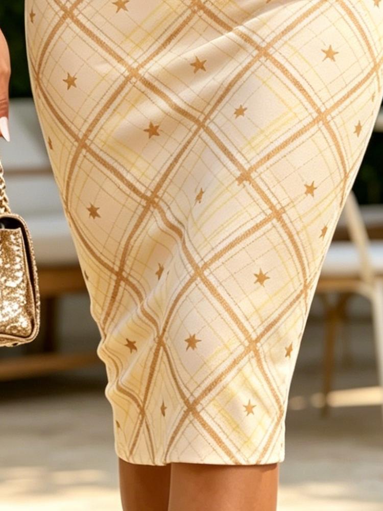 Summer Women's One Shoulder Midi Dress Star Grid Print Light Yellow Bodycon Sundress