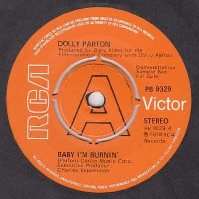 7inch Record DOLLY PARTON - Baby I'm Burnin' PB9329PROMO RCA Victor 1978 UK Rock Used
