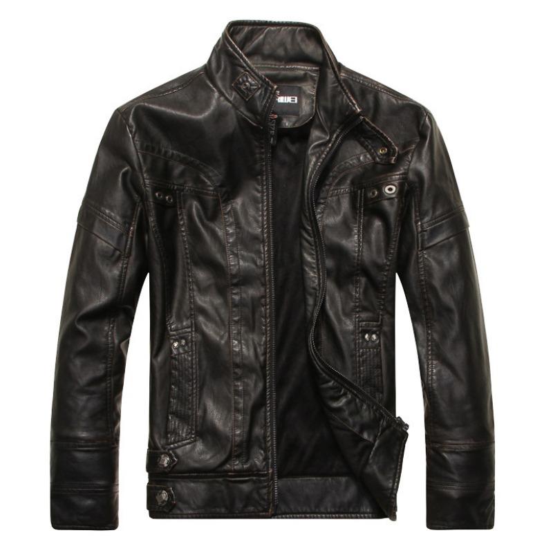 Men's PU Leather Jacket, Fashionable Motorcycle Leather Jacket, Velvet Retro Style Men's Stand Collar Leather Jacket