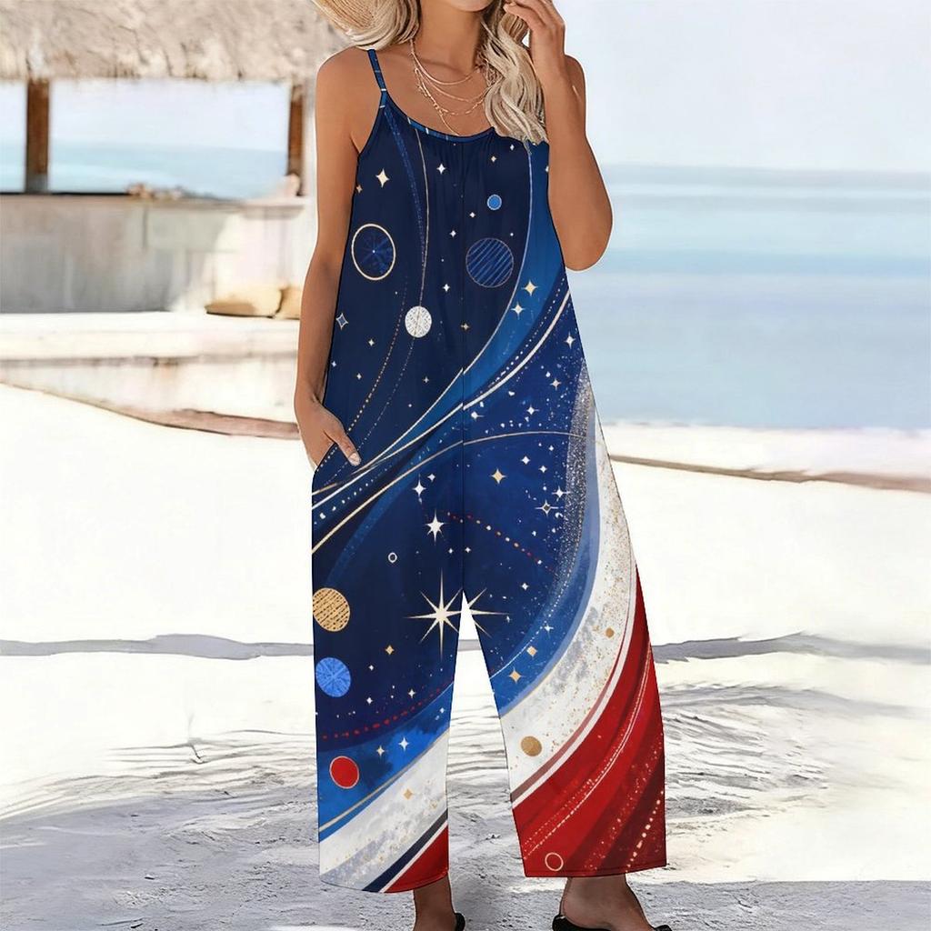 Women Spaghetti Strap Jumpsuit Cosmic Planet Star Patriotic Stripe Print Wide Leg Pants With Pockets