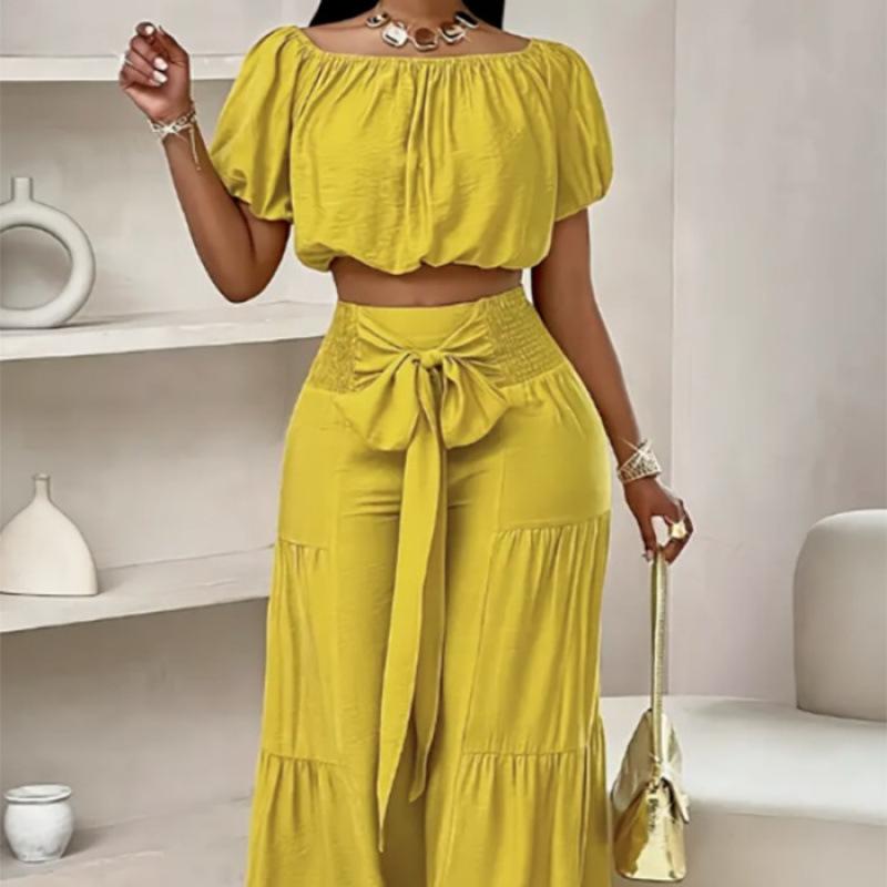 Women's Casual Short Sleeve Top + Wide Leg Pants Suit Fashion Streetwear Tie Up Commuter Outfit Summer Solid Loose Two Piece