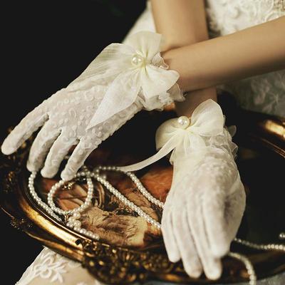 Nuevos Guantes de Encaje para Novia Estilo Palacio Retro Blanco Perla Malla Guantes de Vestido Fotografía de Boda Cortos Encaje Lazo Guantes para Mujer