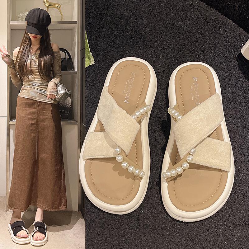 

Women s Pearl Cross Platform Slippers - Fairy Style Outdoor Sandals 38