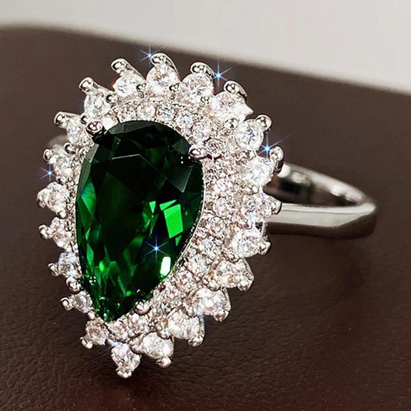 Huitan Waterdrop Cubic Zirconia Women Rings Luxury Green/Blue/Crystal/Pink Pear Rings Engagement Wedding Elegant Female Zircon