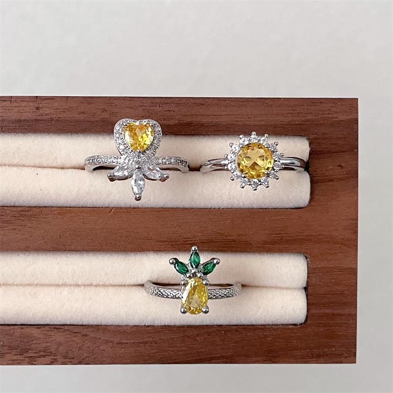 Yellow Diamond Series Color Treasure Open Ring Full Of Diamonds Zircon Exquisite French Light Luxury Premium Sense Adjustable Ring