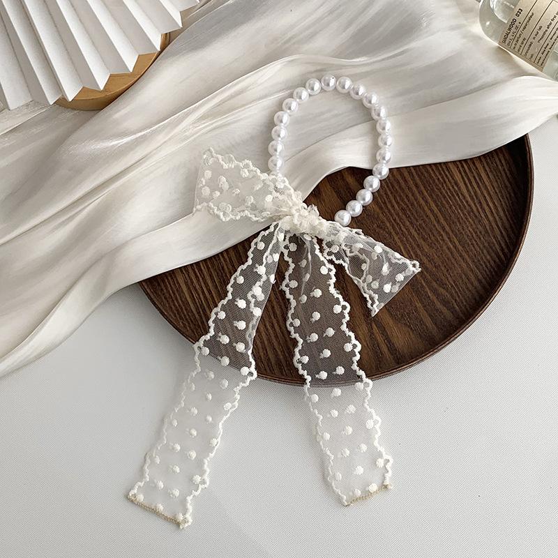 Collarbone Chain Versatile Spring and Autumn Fashion Neck Care Silk Scarf Headband Pearl Necklace Tie Hair Band Lace Streamer