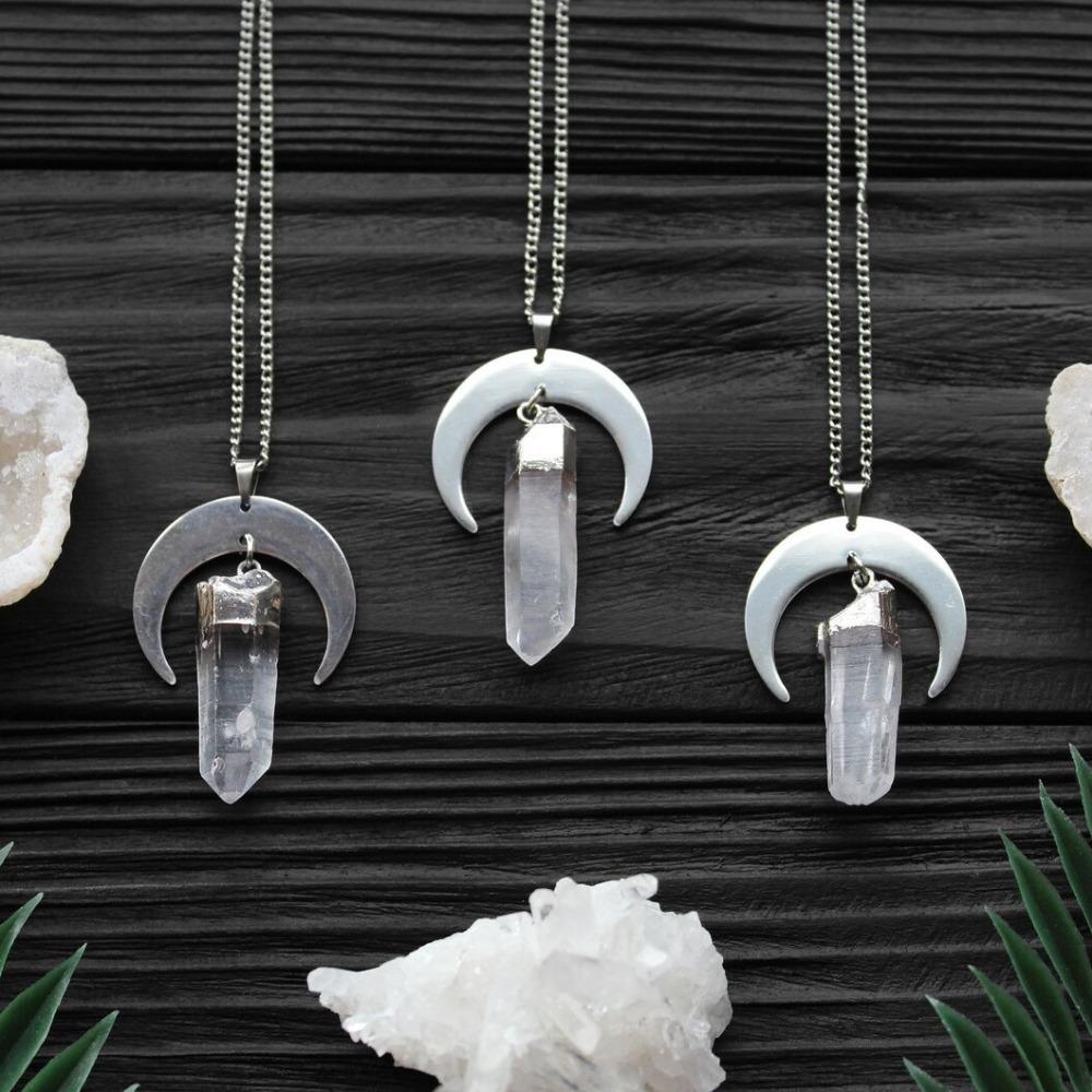 Personality Silver Color Crescent Transparent Crystal Column Pendant Necklaces for Woman Men Collarbone Chain Sorceress Jewelry