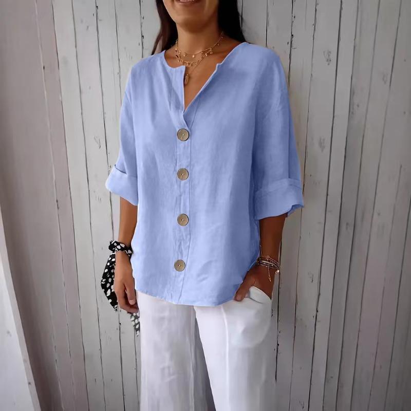 T-shirt da donna estiva nuova, larga, in cotone e lino, con scollo a V, bottoni, casual