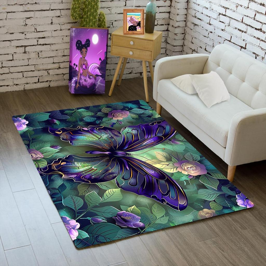 Butterfly Rug for Girls Bedroom - Floral Rugs for Living Room Dinning Room Butterfly Carpet Beautiful Flower Carpet Floor Mats