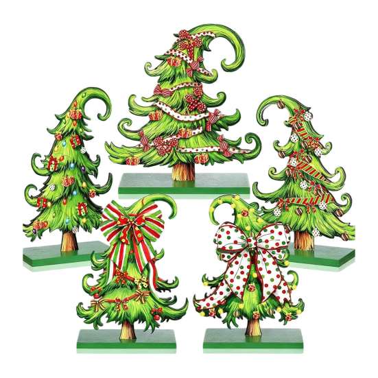 Tiered Tray Christmas Decor 5 Pcs Wooden Tabletop Tree Signs, Rustic Standing Green Craft Ornaments Desktop Ornament with Curly Topper for Winter