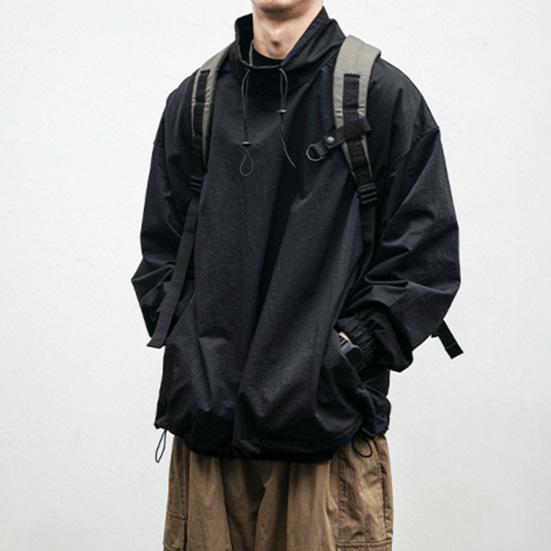 Men Jacket Solid Color Half Turtleneck Streetwear Autumn Washed Elastic Cuff Windbreaker for Daily Wear