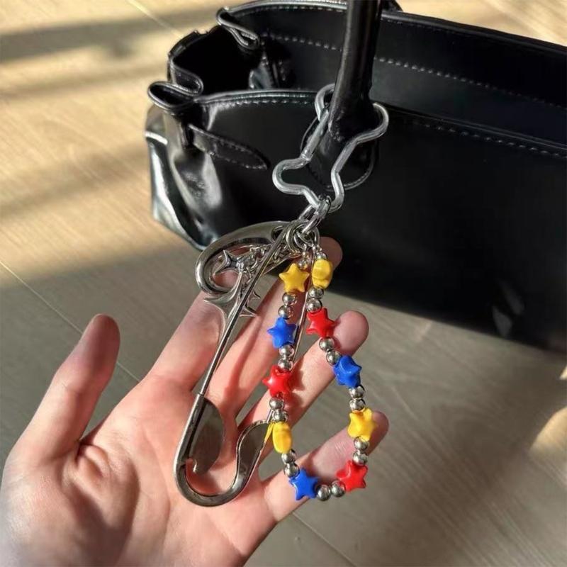 Safety Pin Keychain Charm Stainless Steel Bag Accessory with Decorative Pendant for Daily Carry and Backpack Accent