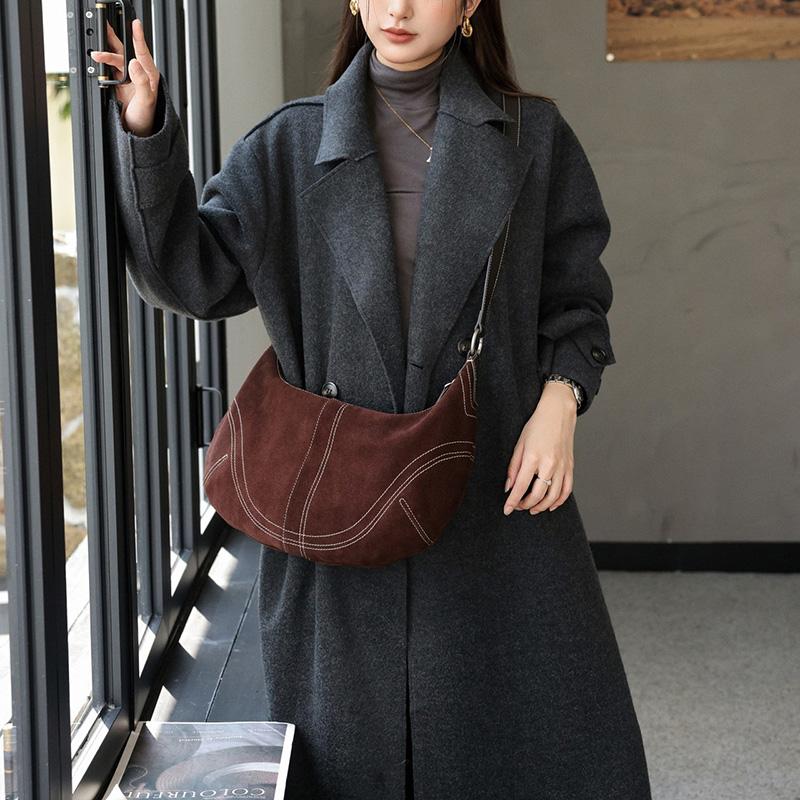 Luxury Women Suede Leather Hobo Shoulder Bag Vintage Half Moon Handbag Cross Body Daily Casual Underarm Purse Genuine Cowhide