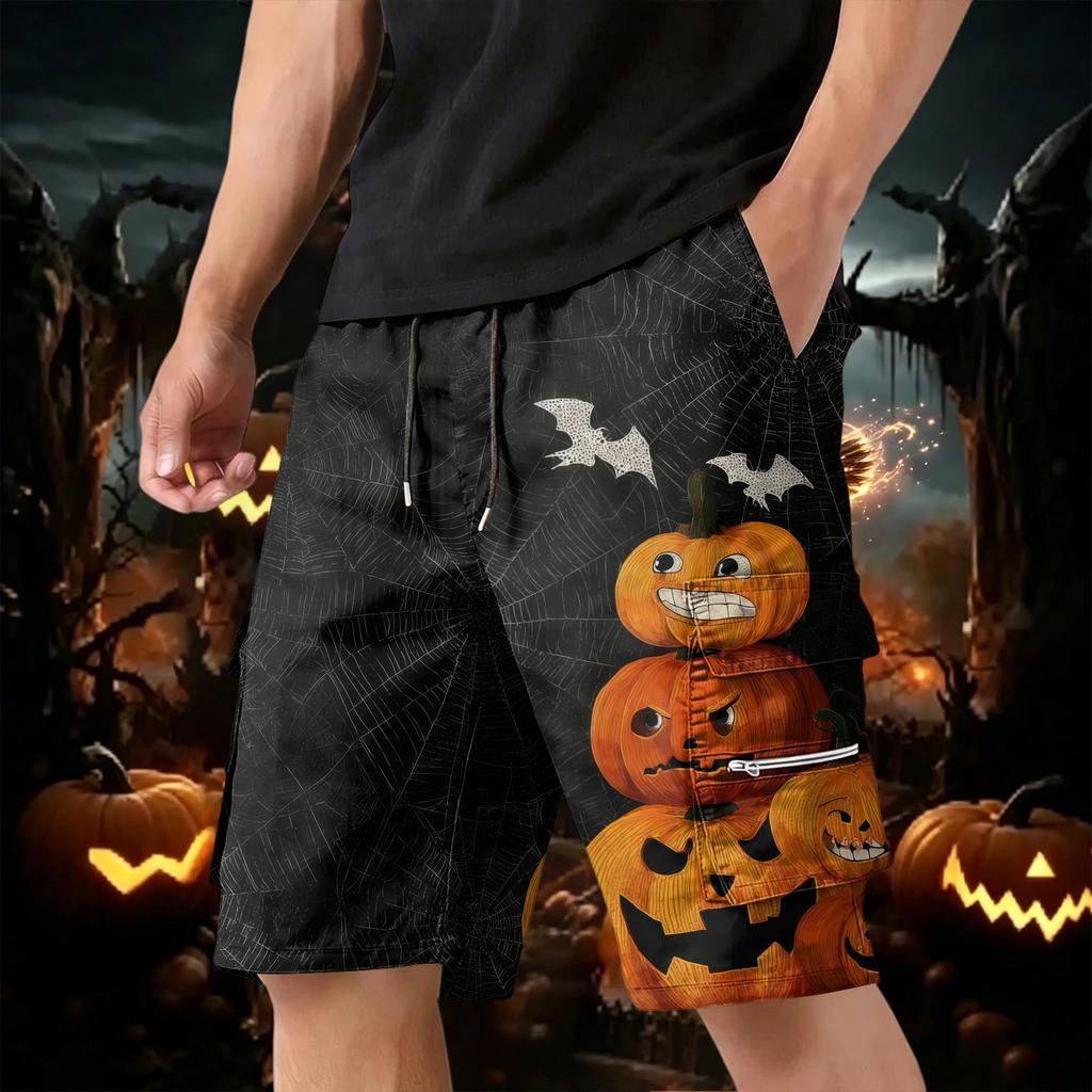 Men Drawstring Multi Pocket Cargo Shorts with Halloween Pumpkin and Bat Print Loose Fit Comfortable Design for Daily Wear