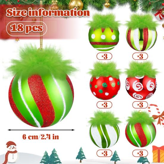 2.4 Inch Christmas Ball Ornaments with Fuzzy Green Hair Glittering Hanging Furry Elf Ball Decoration Red Green Plastic Ball Ornament for Xmas Tree