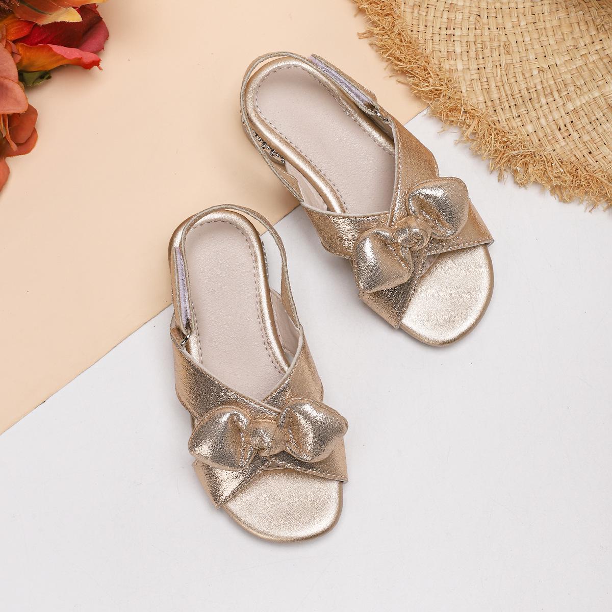 Gold Bow Princess Sandals for Girls: Soft Sole, Low Heel, Rhinestone-Embellished Summer Footwear. 31