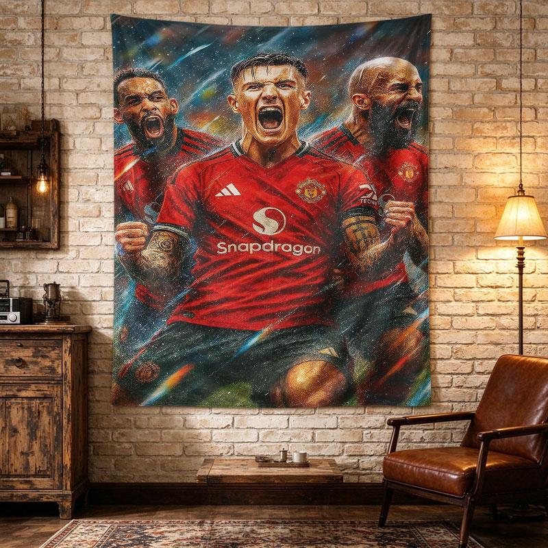 Manchester United players in red Snapdragon jerseys roar as a trio under stadium lights, bold fan art, rich painterly shading, Wall Hanging