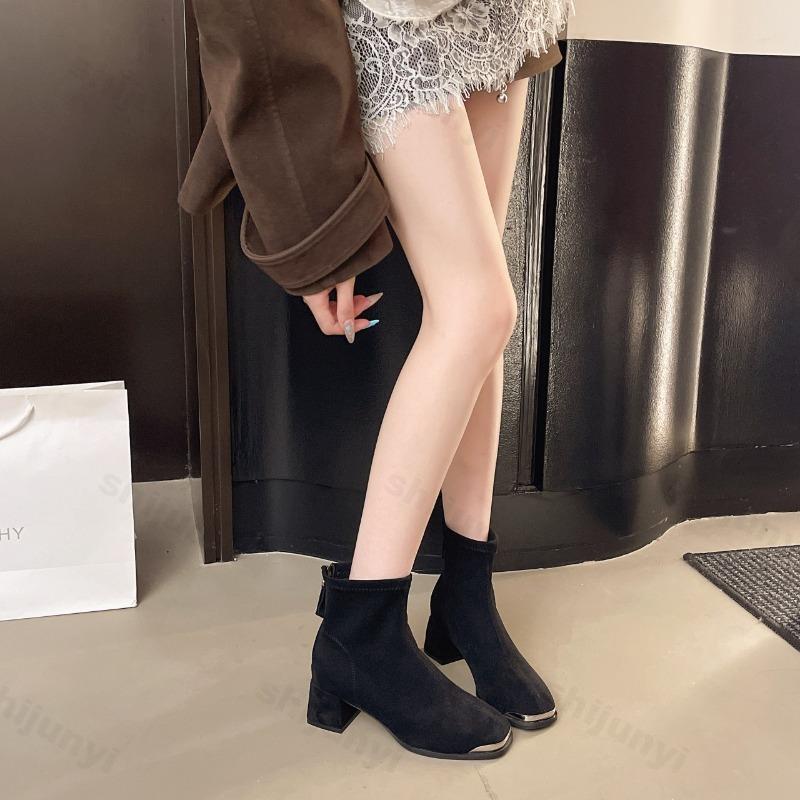 Women's Square Heels High Heeled Shoes Autumn New Fashion Zipper Vintage Short Boots Luxury Outdoor Non Slip Comfort Ankle Boots
