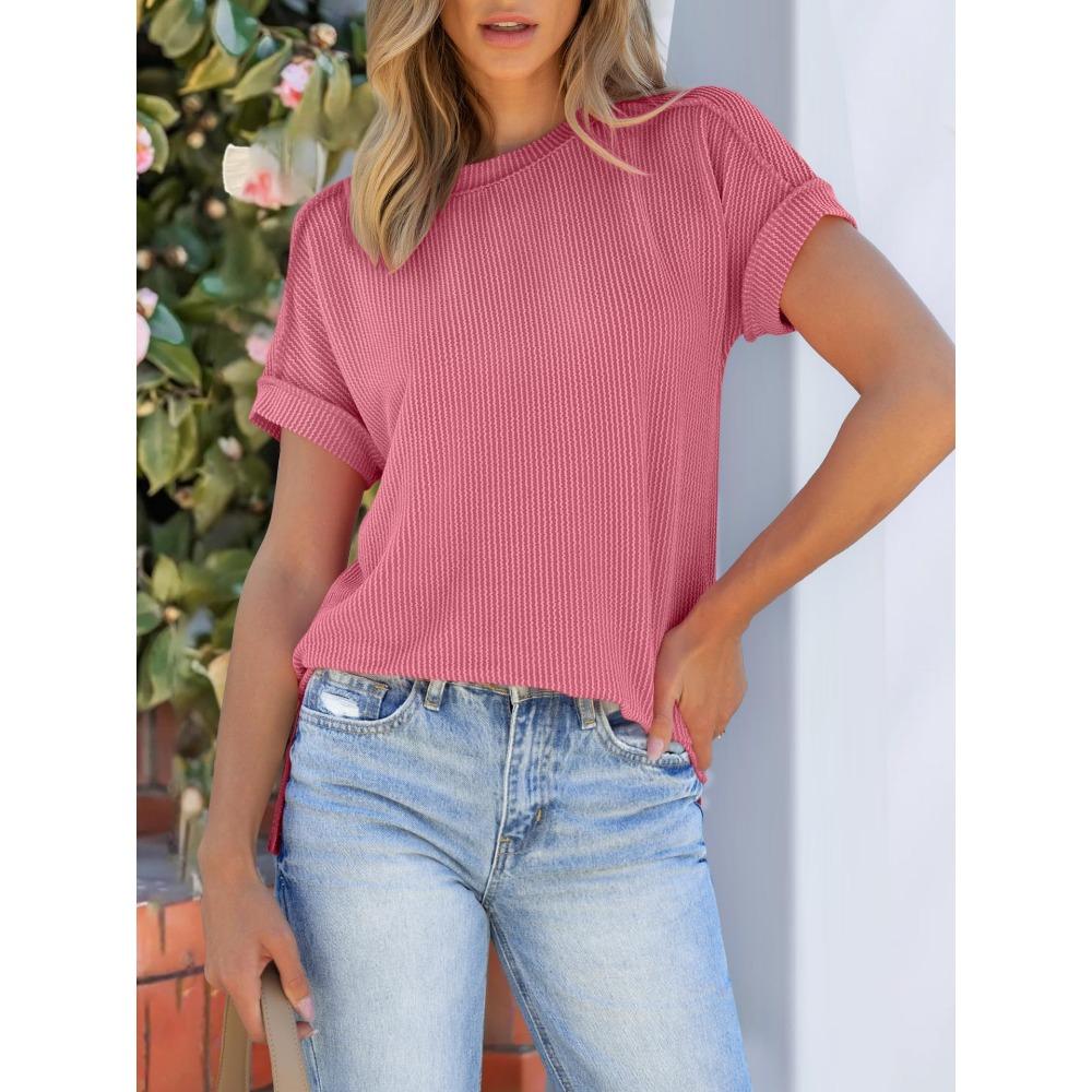 Summer New Round Neck Outer Seam Twisted Strip Short Sleeved Simple Loose T-shirt for Women