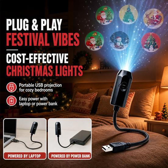 Holiday Projector Lights USB Light for Christmas, Flexible Gooseneck Night Lamp with 6/10/15/20 Festive Atmosphere Projection Films, LED Ambient