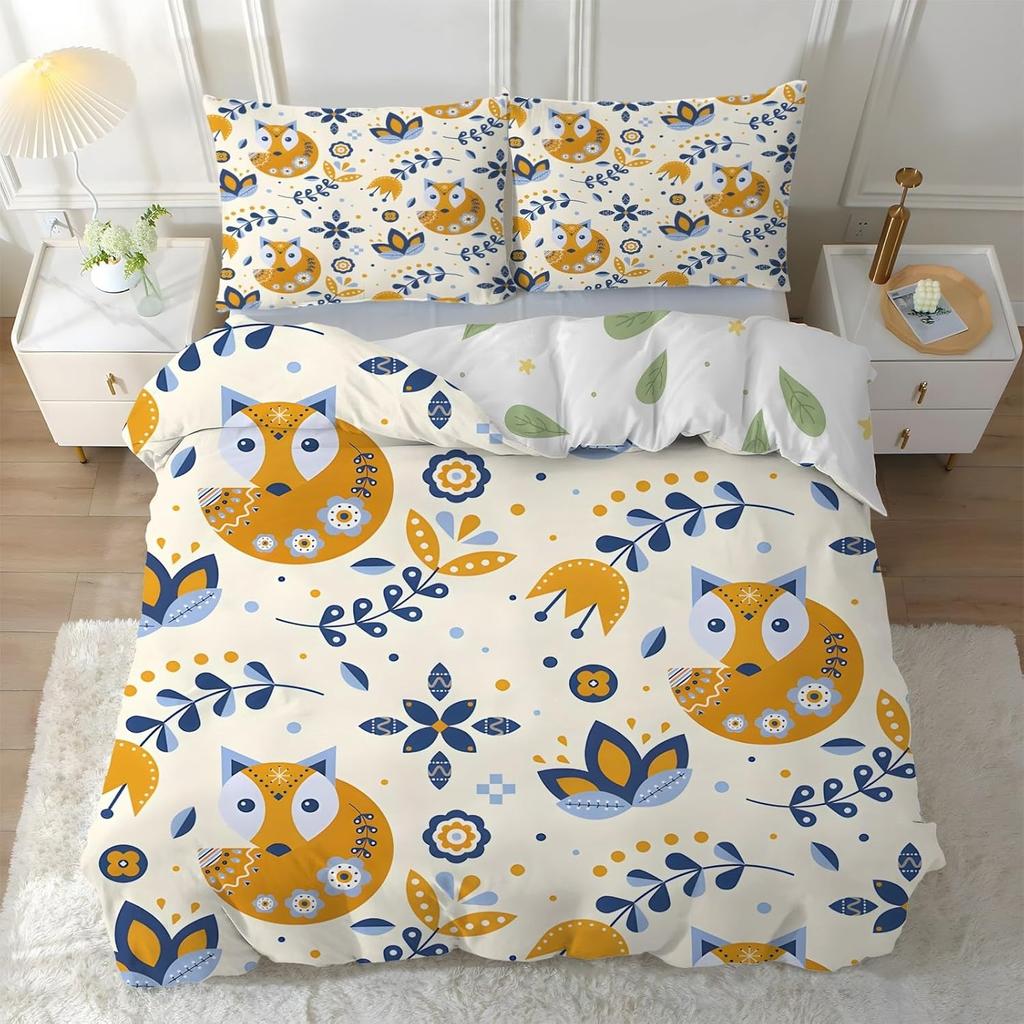 Sevimli Çizgi Film Tilki Yatak Takımı,3D Baskılı Yumuşak ve Rahat Çift Taraflı Tek Kişilik Nevresim Takımı Yastık Kılıfı ile Yatak Odası Dekorasyonu Hediye