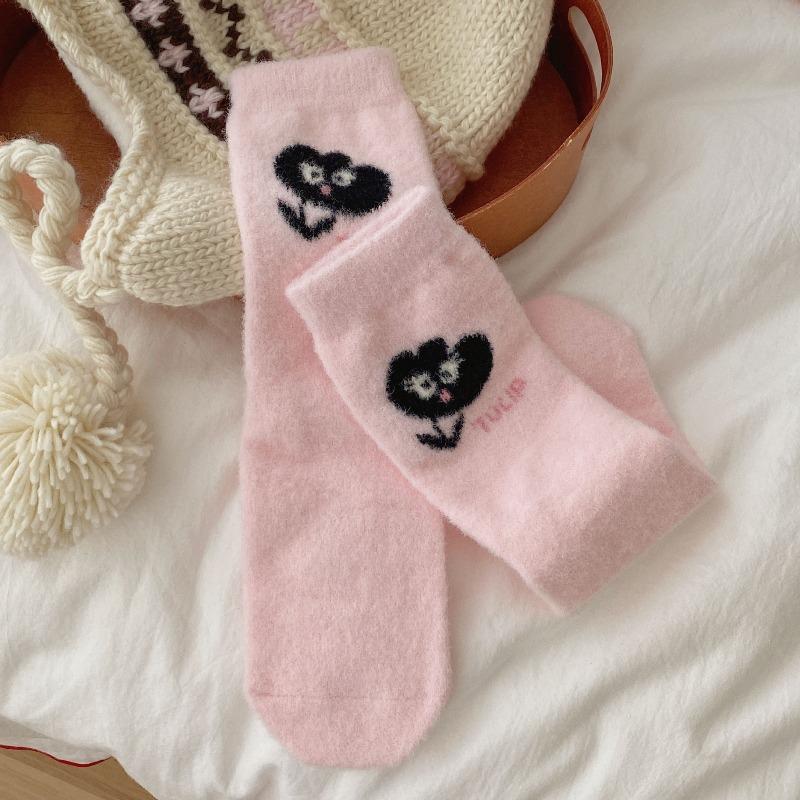 Winter Fleece Thickened Socks - Soft and Warm Mid-calf Socks in Pink, Cute Cartoon Design, Australian Wool Fluffy Socks