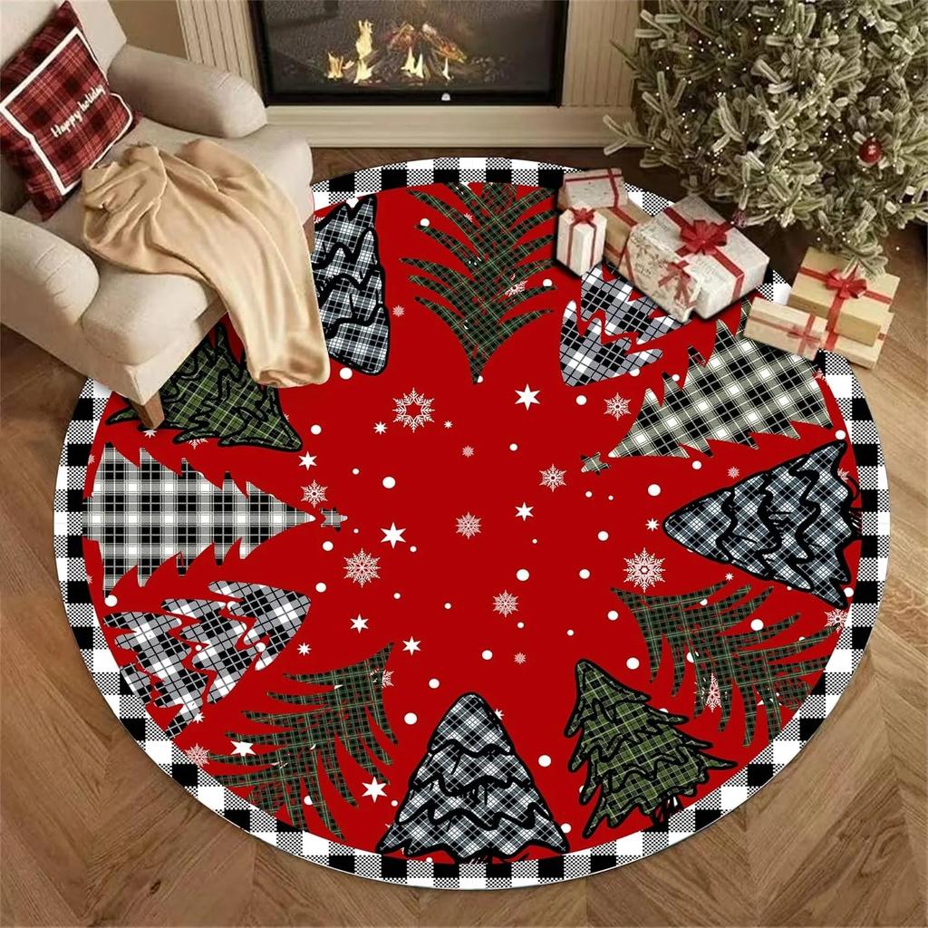 Merry Christmas Round Area Rugs Christmas Tree Red Plaid Rug for Living Room Carpets, Breathable Rug for Kids Room Floor Mat