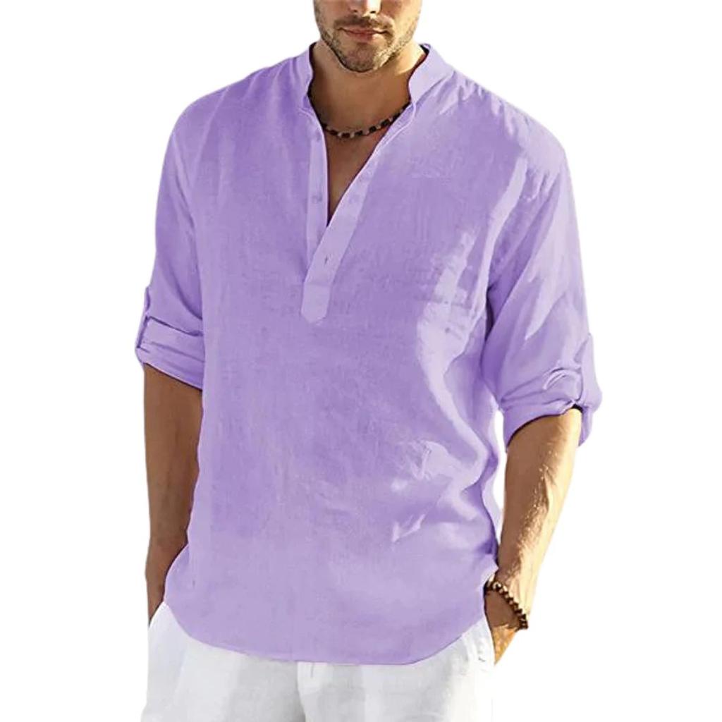 Men's Cotton Linen Long Sleeve Shirt Stand Collar Relaxed Fit Casual Holiday Top