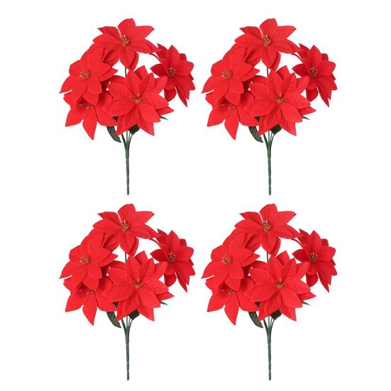 13 Inch Artificial Poinsettia Flower 5/7 Heads Red Fake Poinsettia Faux Silk Poinsettia Bouquet with Stem for New Year Floral Arrangement Home Decor