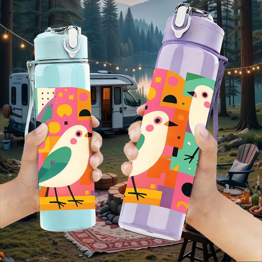 1PC Abstract Color Block Bird Couple 750ml Color Plastic Sports Water Bottle Leakproof Flip Straw Lid Suitable for Sports Office Home Use