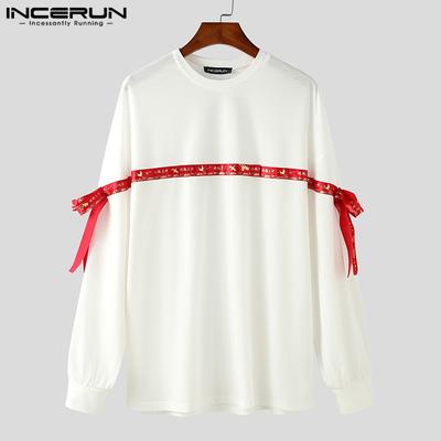 T-shirt da Uomo a Manica Lunga Oversize Stampa Nodo a Fiocco Patchwork Top Casual Primavera