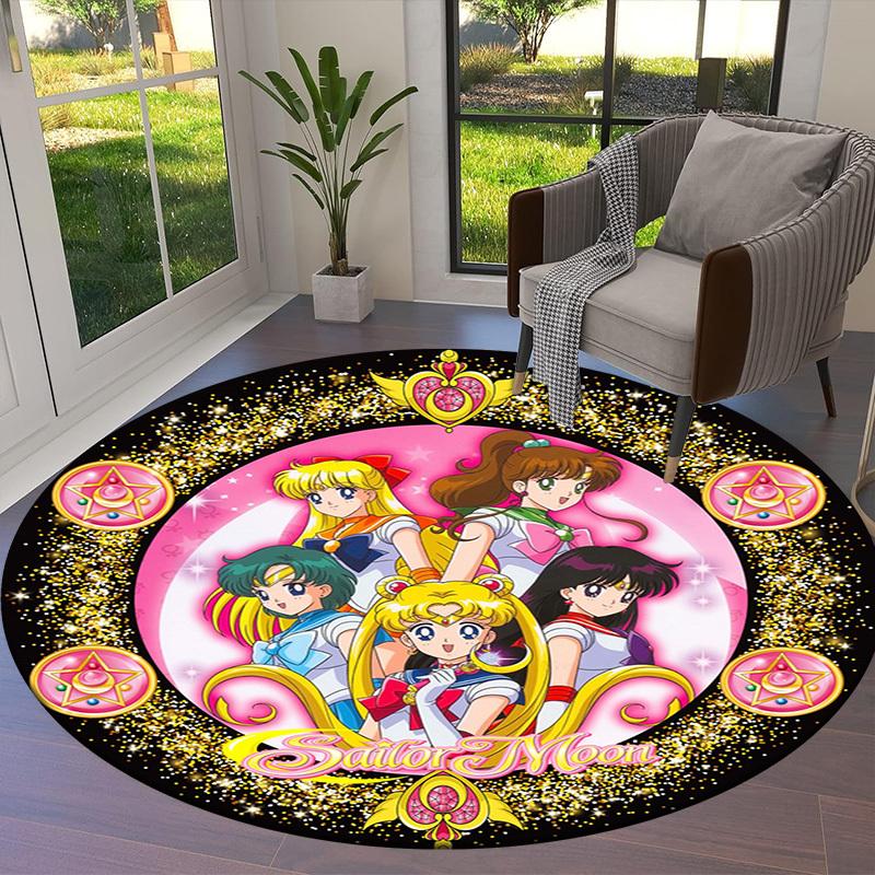 1pc Sailor Moon Characters Artwork Round Carpet, Made of Polyester,Perfect for Decorating Office Chairs, Living Rooms