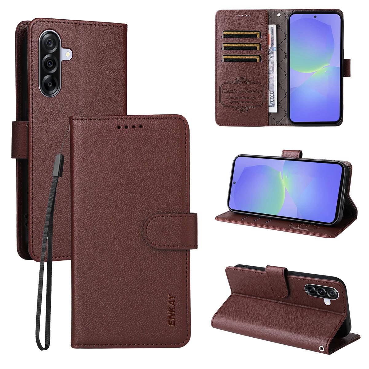 

For Samsung Galaxy A56 5G Wallet Case with Strap RFID Blocking Leather Stand Phone Cover Brown