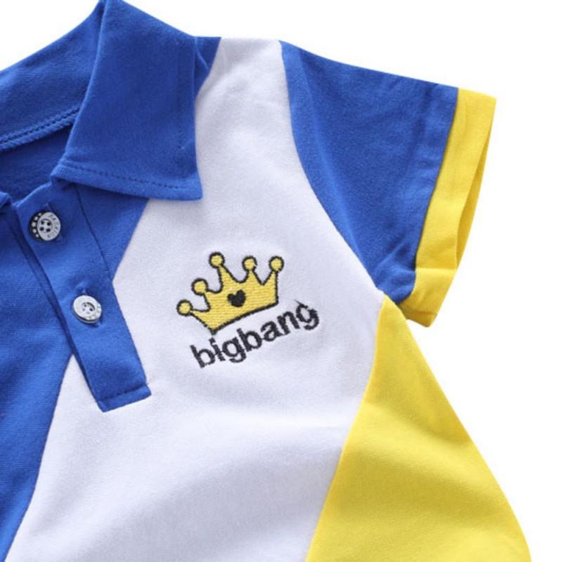 Baby gutter kortermet krone patchwork mønster T-skjorte bluse+denim shorts