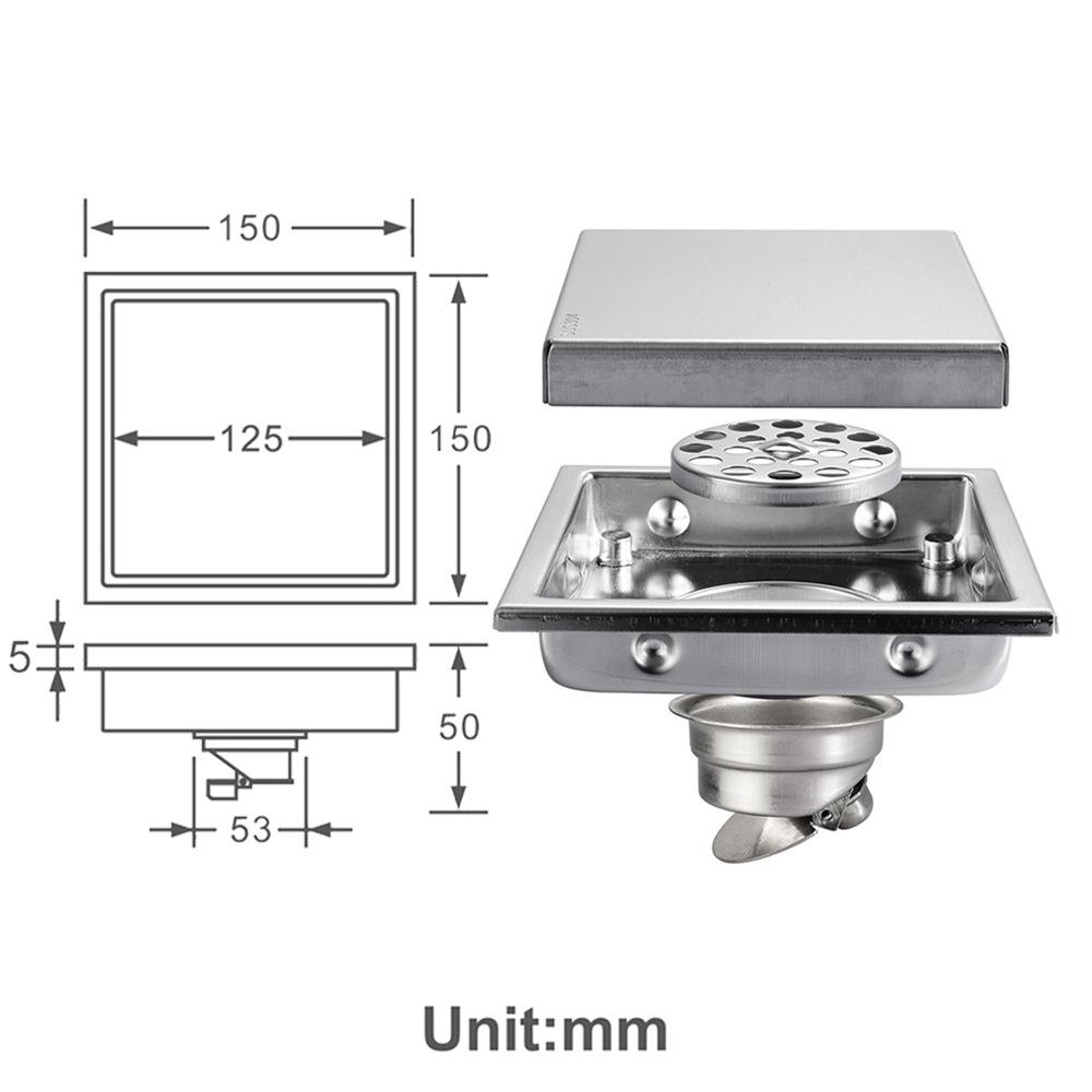150*150mm Bathroom AccessoriesBlack 304 Stainless Steel Antidor Shower Floor Drain Hotel Bathroom Accessories Brushed (as the picture,Stainless Steel)