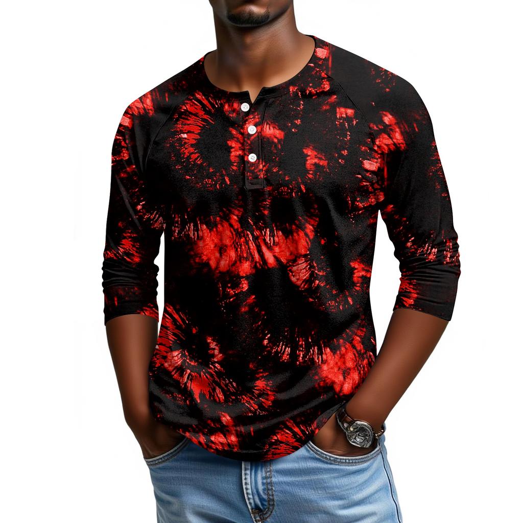 Men Casual Halloween Print Henley Shirt Raglan Sleeve Three Quarter Length Button Front Top