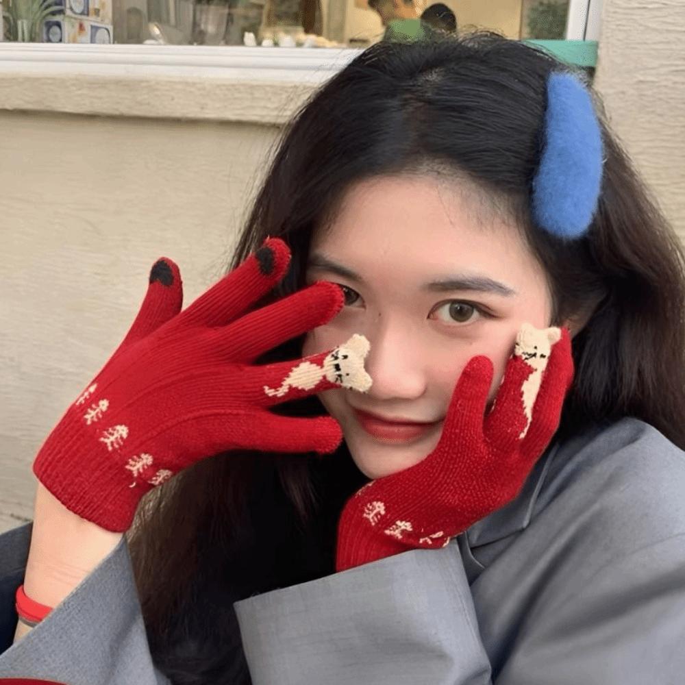 Kitty Pattern Winter Thermal Gloves Stretchy Full Finger Gloves  Outdoor