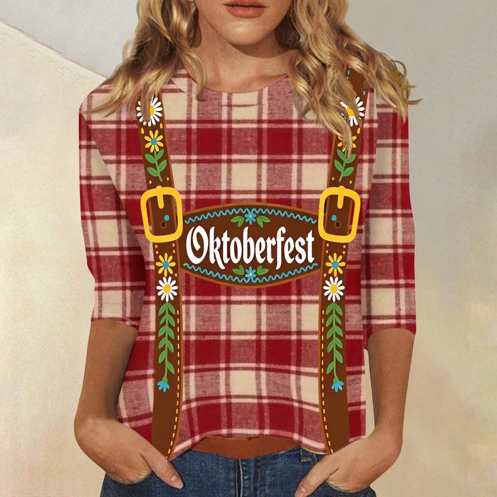 Damen Casual Dreiviertelarm Oktoberfest-Aufdruck Rundhals-Shirt Gestreiftes Muster Oktoberfest-Thema Oberteil