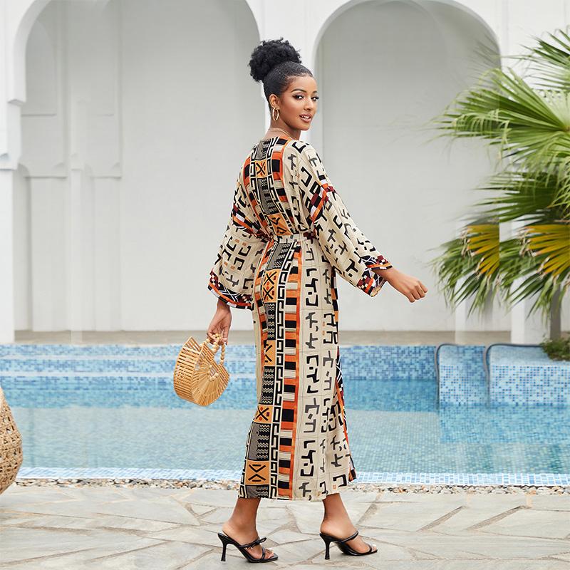 EDOLYNSA 2023 Boho Printed Bikini Cover-ups Elegant Self Belted Kimono Dress Tunic Women Plus Size Beach Wear Swim Suit Cover Up Q1228